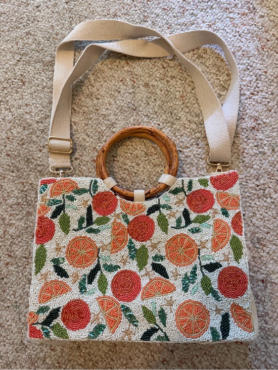 Handbags - Beaded Citrus Print Tote Bag with Bamboo Handles - Cream/Orange/Green